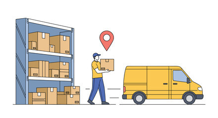 Warehouse worker delivering package from storage shelves to a yellow delivery van for distribution