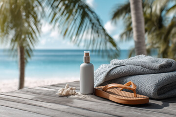 Beachside relaxation with towels flip flop and spray bottle