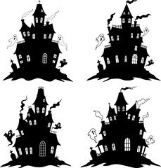 Four haunted mansions with twisted towers and flying bats create spooky halloween castle silhouette collection set