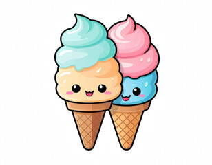two cartoon ice cream cones are pictured against a solid black backdrop. the ice cream scoops consist of two colors with a cute smiling face on the bottom scoop