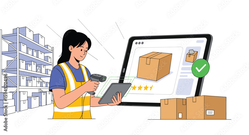 Fototapete Modern warehouse worker scans package with tablet and barcode scanner next to computer screen showing product details and ratings for efficient inventory management