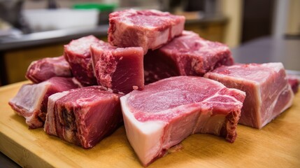 Raw veal cuts arranged with clean lines on light butcher block