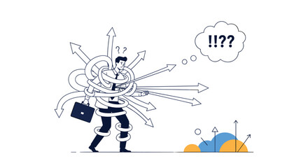 Obraz premium Man caught in a web of confusing arrows feeling overwhelmed and uncertain about the best direction forward