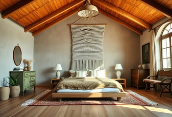 Bohemian bedroom with macrame wall hanging and layered rugs