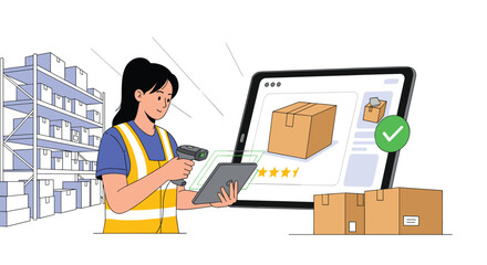 Modern warehouse worker scans package with tablet and barcode scanner next to computer screen showing product details and ratings for efficient inventory management