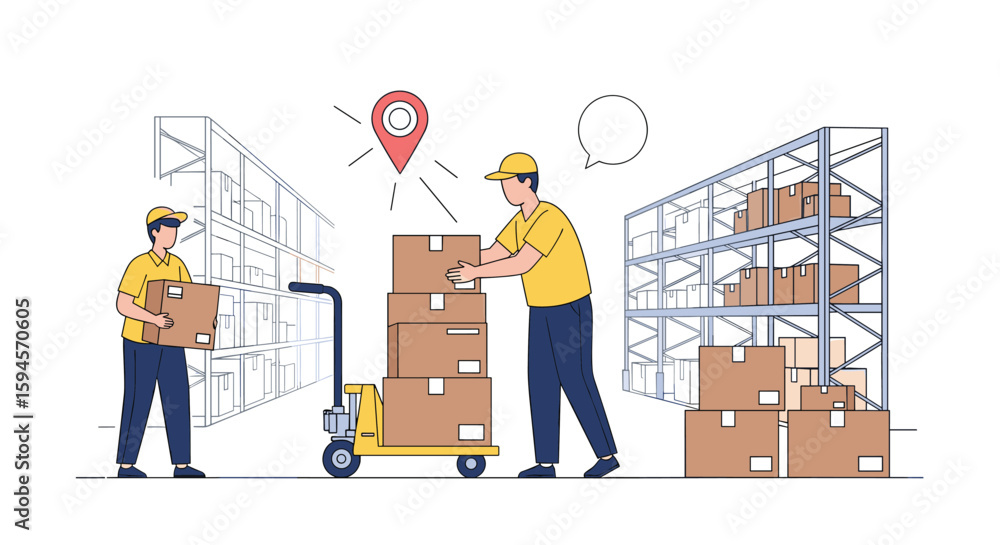 Poster warehouse operations with skilled workers expertly moving and organizing parcels for efficient distr