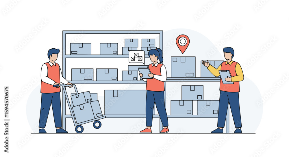 Aufkleber warehouse workers diligently managing inventory and packages on shelves and using digital devices fo
