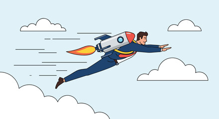Businessman soaring through the sky with a rocket pack on his back demonstrating rapid progress and ambition