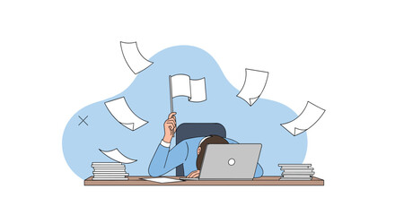 Overwhelmed professional struggling with excessive paperwork and overwhelming workload at desk with laptop flying papers and books signifying stress and burnout