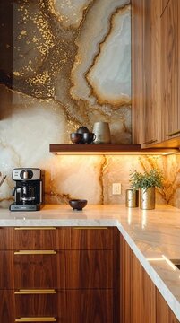 Interior of a modern luxury kitchen with marble and wood cabinets