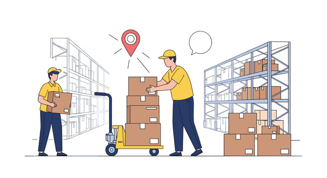 Warehouse operations with skilled workers expertly moving and organizing parcels for efficient distribution and delivery services
