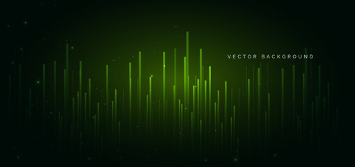 Abstract techno vertical green lines glowing on dark green background.