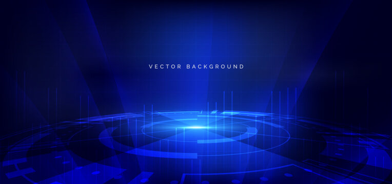 Circle hi tech neon blue light ray on dark blue background. Futuristics technology concept.