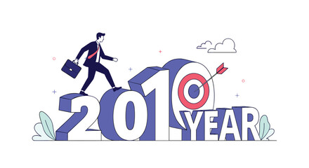 Businessman climbing on big numbers representing the new year and reaching goals with target and arrow