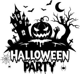 Spooky halloween party invitation silhouette with grinning pumpkin haunted house and flying bats creates festive celebration scene