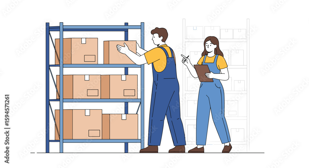 Poster warehouse workers organize and inventory boxes on shelves efficiently managing stock and logistics f