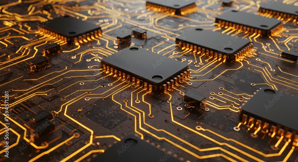 Poster close-up of multiple microchips and circuit board with glowing gold pathways, showcasing technology 
