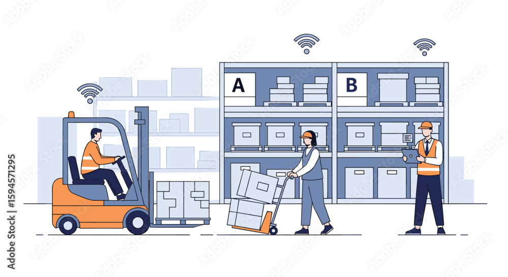 Poster efficient warehouse operations with skilled workers and advanced technology for optimized inventory 