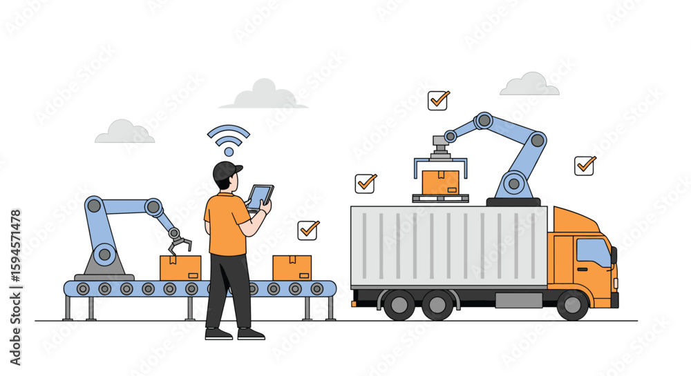 Poster automated warehouse logistics with advanced robotic systems and digital connectivity enhancing effic