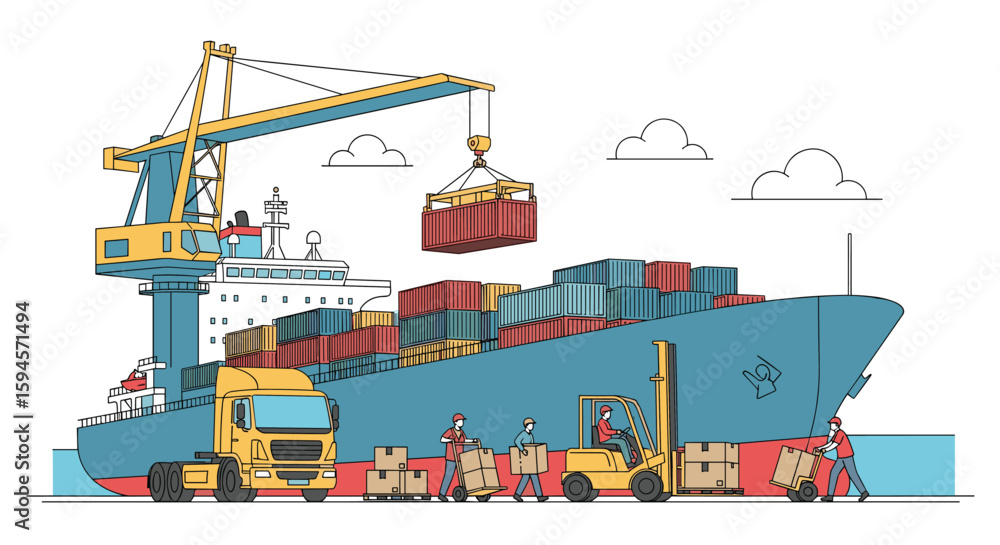 Poster container ship loading and unloading operations with cranes trucks and forklifts at the port