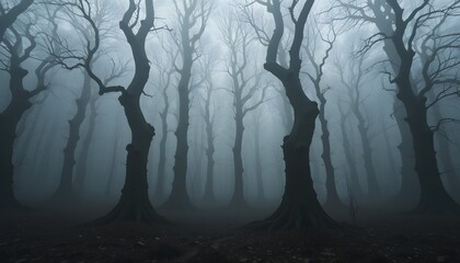 Obraz premium Eerie forest scene featuring bare trees silhouetted against a dense, atmospheric fog, creating a mysterious and slightly ominous ambiance.