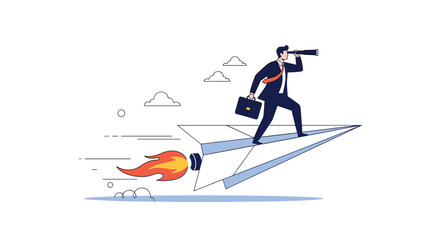Fototapeta premium Businessman flying on a paper airplane with a telescope exploring the future of business and career growth opportunities