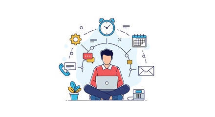 Illustration of a man managing multiple tasks and deadlines efficiently with digital tools and services