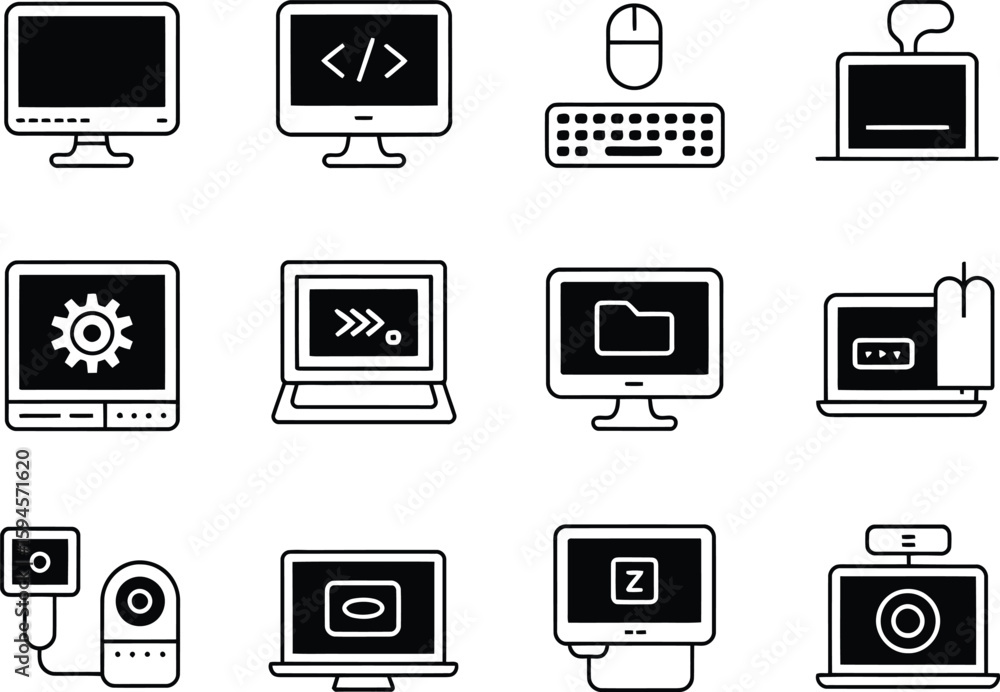 Fototapete collection of hand drawn computer and technology icons in a clean outline style
