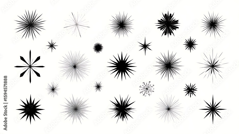 Poster collection of black starburst icons on a light background. various starburst shapes and sizes. starb