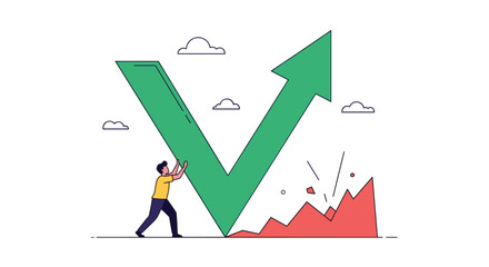 Illustrating the concept of market recovery and economic rebound with a visual representation of a v-shaped graph and a determined individual