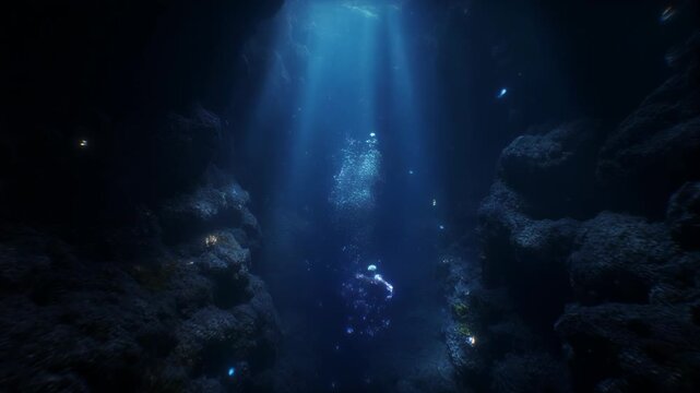 Underwater cinematic footage slowly descending into a pitch-black deep sea trench