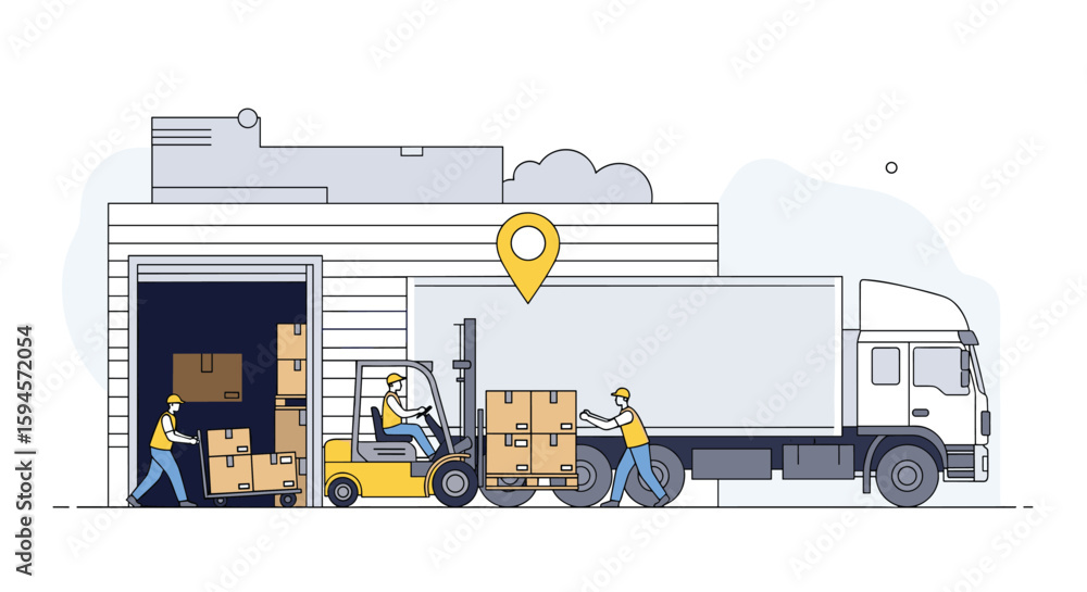 Poster efficient warehouse operations involve loading and unloading goods with forklifts and manual labor o