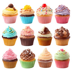 Assorted colorful cupcakes in various shades of frosting and toppings