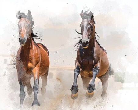 Watercolor style animation of two beautiful brown horses running
