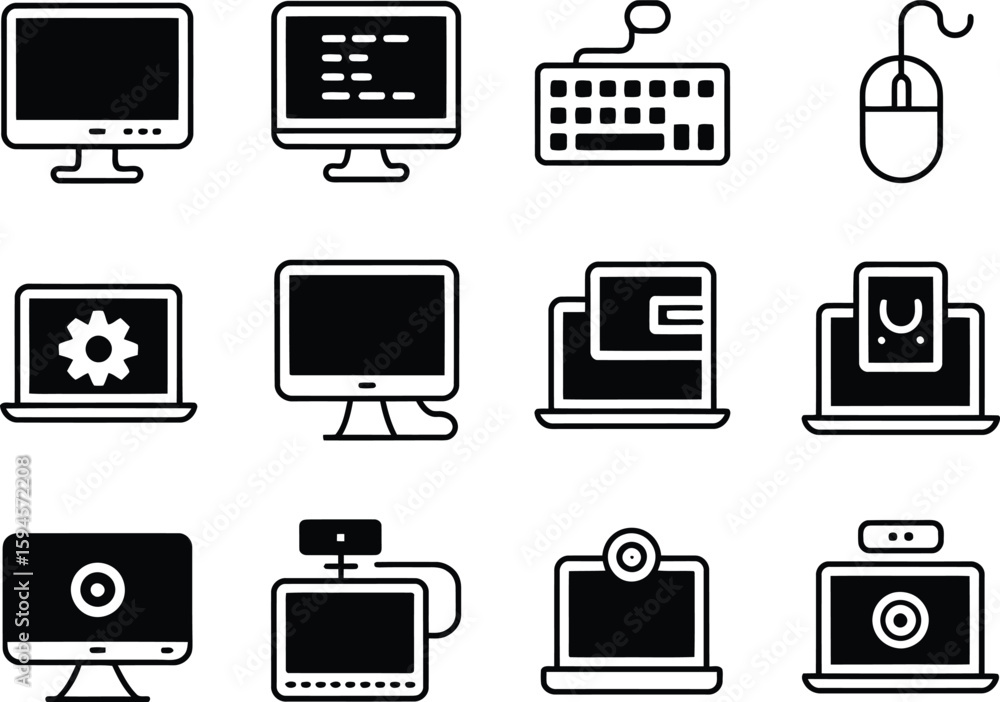 Poster collection of computer and technology icons in a hand drawn style