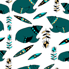 Ornament pattern with bears and geometric elements. Seamless ethnic folk for printing textiles, wallpaper.