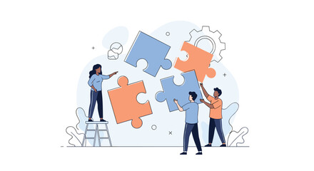 Teamwork and collaboration people assembling puzzle pieces together illustrating successful project development and shared goals