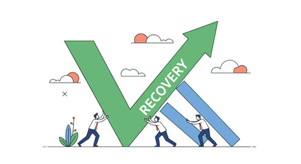 Teamwork and collective effort driving economic recovery and business growth towards success