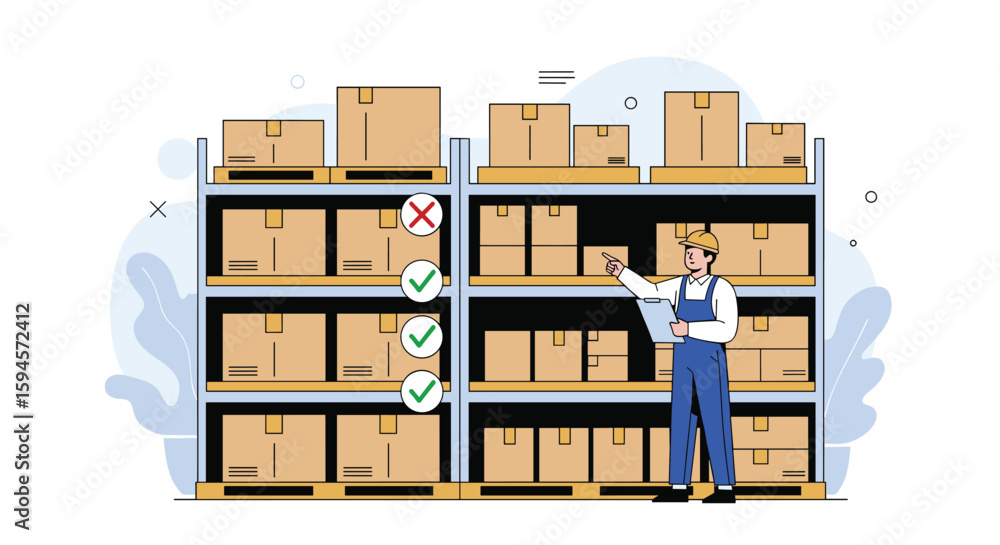 Poster warehouse inventory management and stock control process with checklist and warehouse worker perform