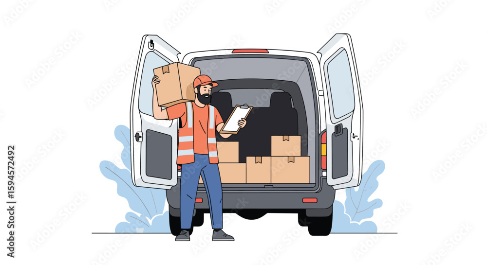 Poster delivery person carrying a package into an open back van with several boxes inside ready for distrib