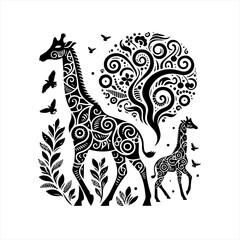 Giraffe family with ornate patterns