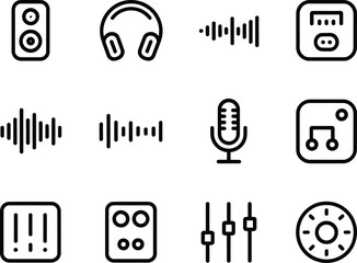Collection of audio and music related line art icons
