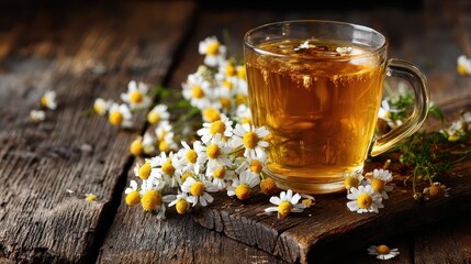 Glass mug of chamomile tea with flowers on rustic wooden surface. Perfect for wellness blogs or advertising herbal remedies.