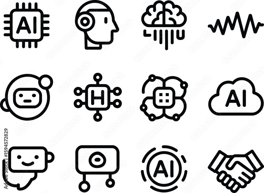 Poster collection of ai and artificial intelligence related icons in a clean line art style