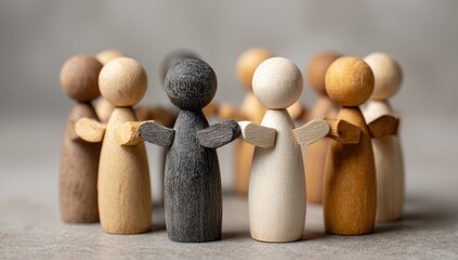 A circle of diverse wooden figurines, hands clasped together