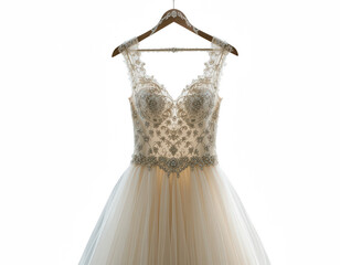 a light colored garment hangs from a wooden hanger. the bodice features intricate beadwork and a sweetheart neckline