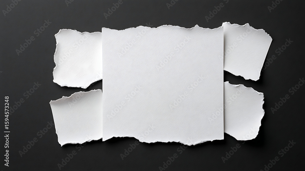 Poster set of torn paper edges on a black background. torn paper textures in various shapes. torn paper des