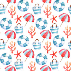 Obraz premium Watercolor illustration summer vacation. Hand drawn seamless pattern with tourism objects: sunglasses, hat, sea shells, photo camera, ice cream, woman shoes. White background