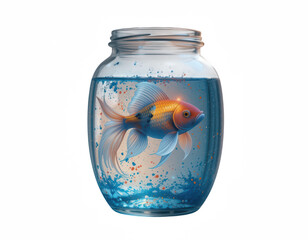 Goldfish in Glass Jar: A captivating image of a solitary goldfish gracefully swimming within a transparent glass jar, highlighting the beauty of aquatic life. 