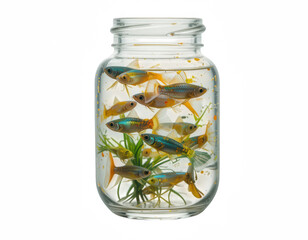Fishbowl Paradise: A vibrant community of colorful fish swims freely within a glass fishbowl, showcasing an intimate underwater scene with aquatic plants.